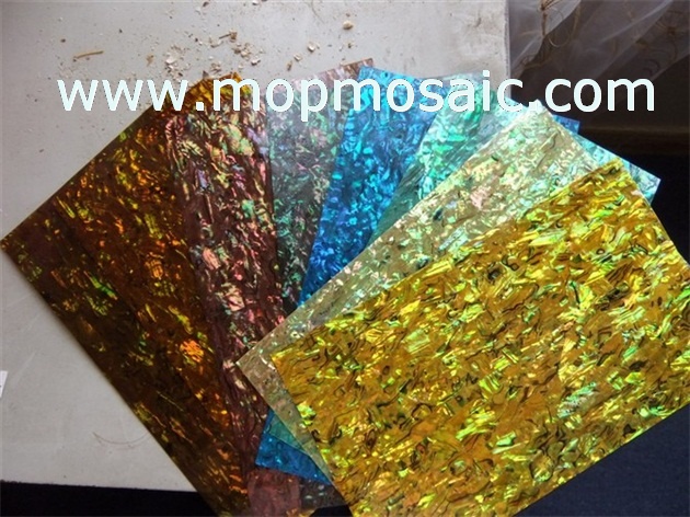 Dyed golden abalone shell laminate