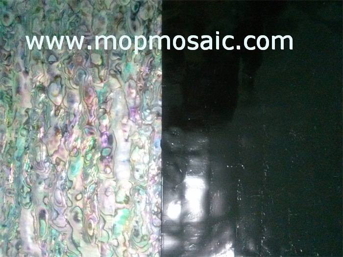 Red abalone shell laminate with black backing